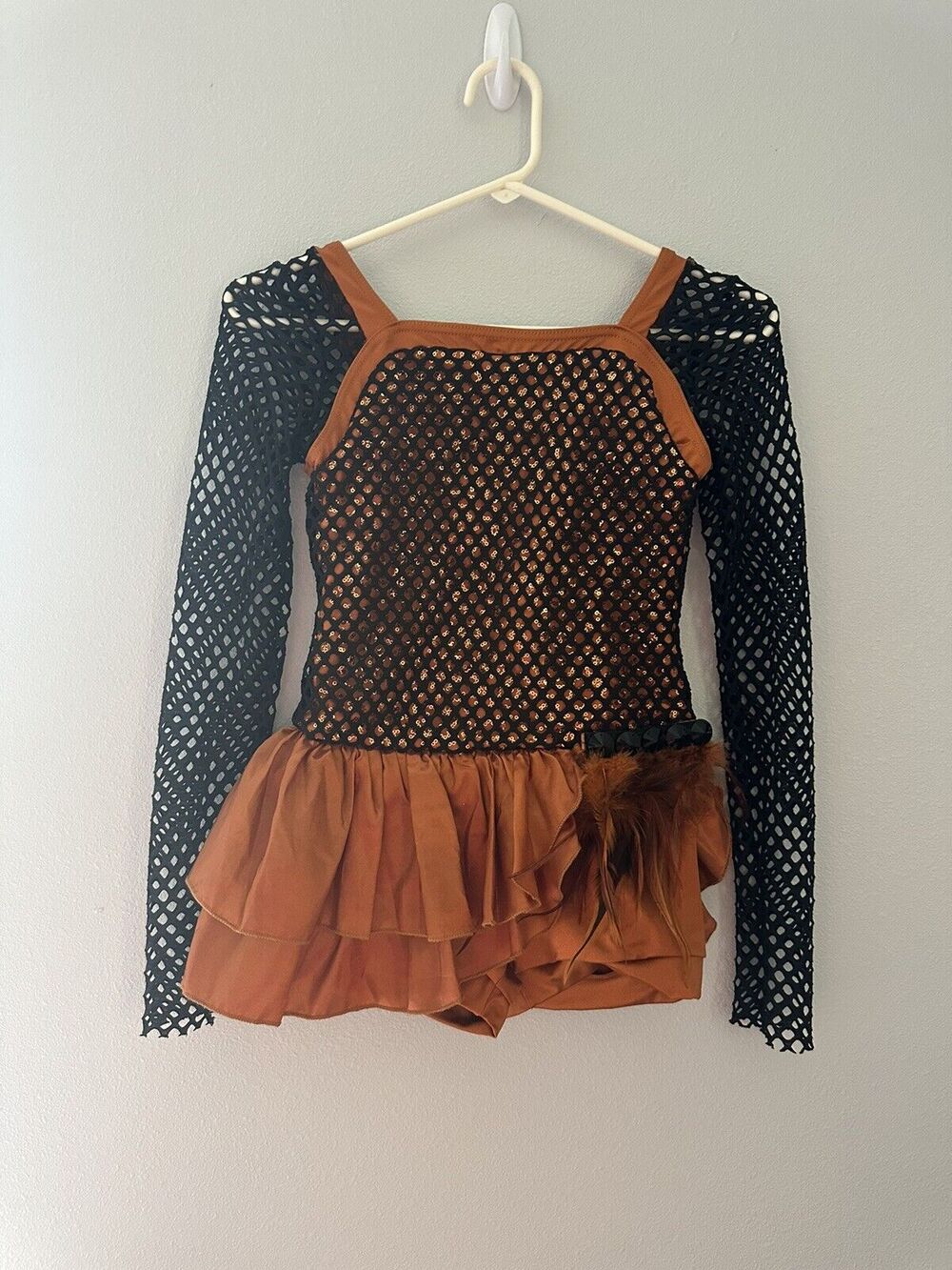 Weissman Dance Costume Orange Sequence Large Child W/Shorts Feathers Ruffle